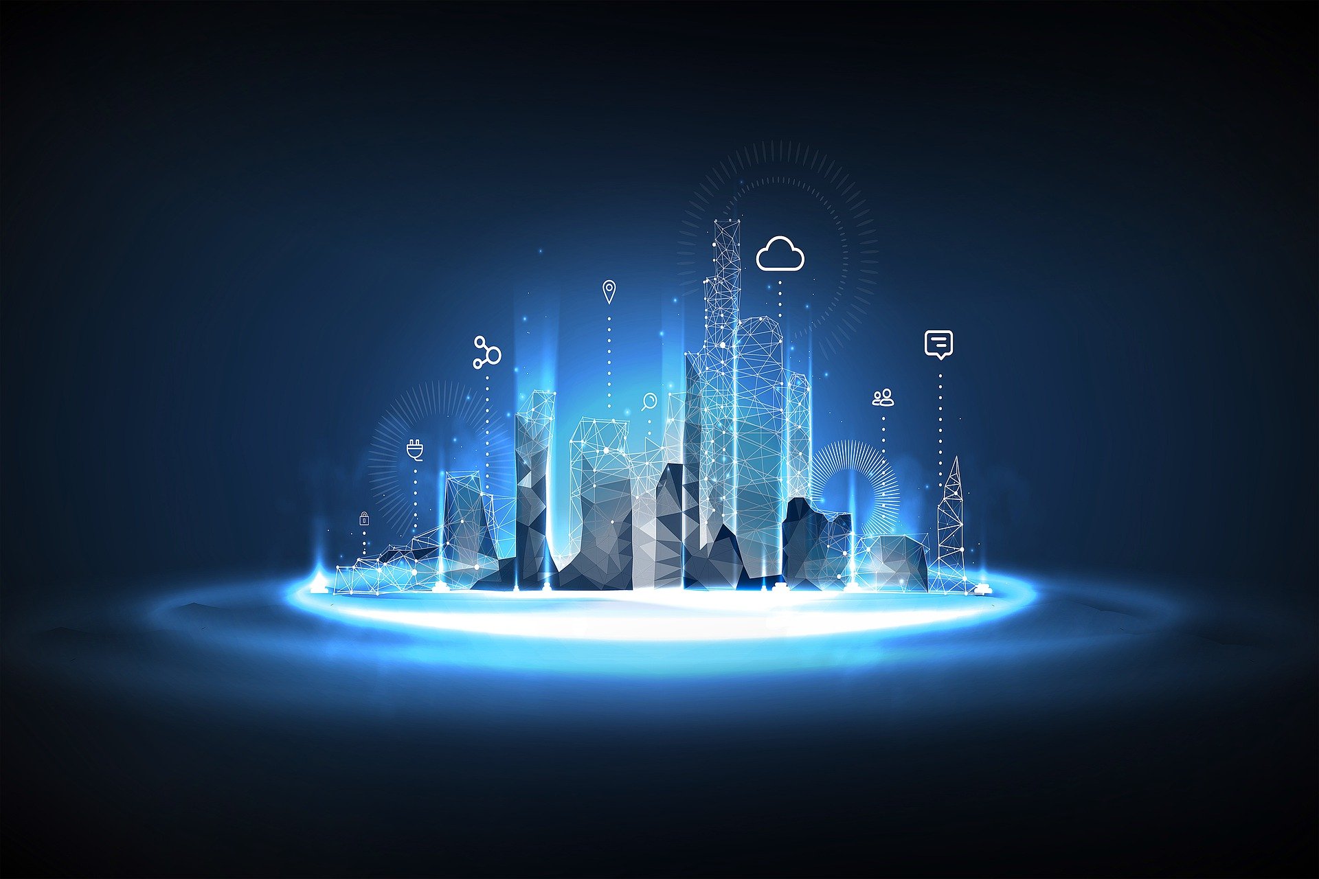 Illustration of blue glowing city with internet related icons floating above the buildings